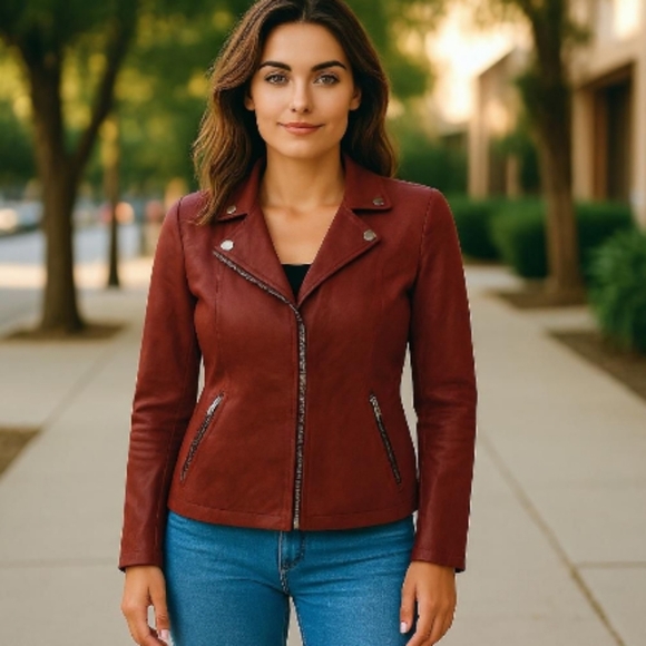 Erin London Burgundy & Black Faux Snakeskin Embossed Leather Moto Jacket - Picture 1 of 10